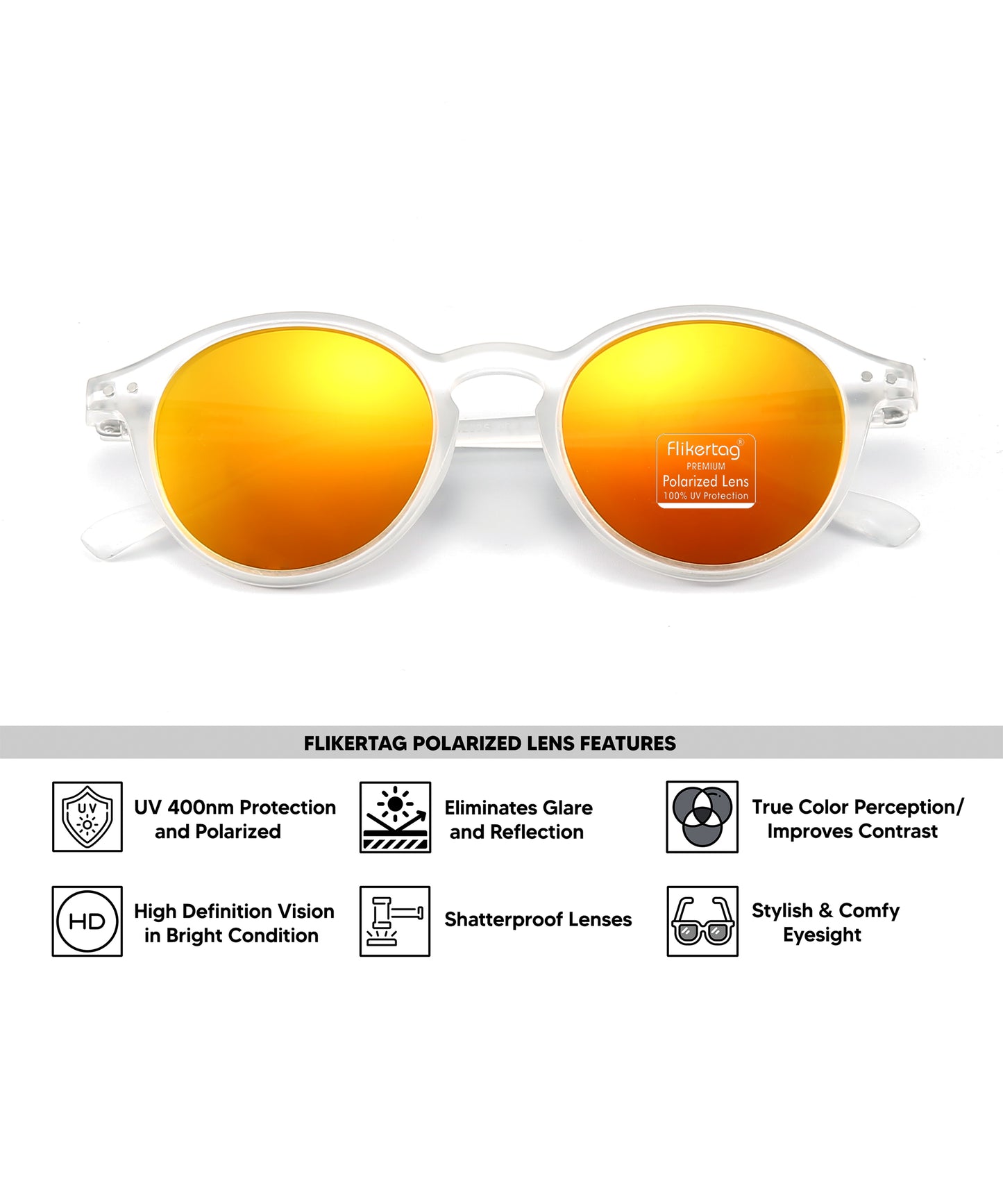 Polarized UV Protection Sunglasses For Men & Women [FTS 565 F3 Round Matte Transparent Frame with Mirrored Yellow lens, 50mm]