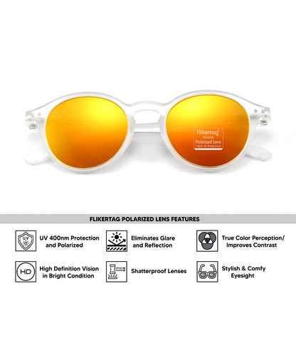 Polarized UV Protection Sunglasses For Men & Women [FTS 565 F3 Round Matte Transparent Frame with Mirrored Yellow lens, 50mm]