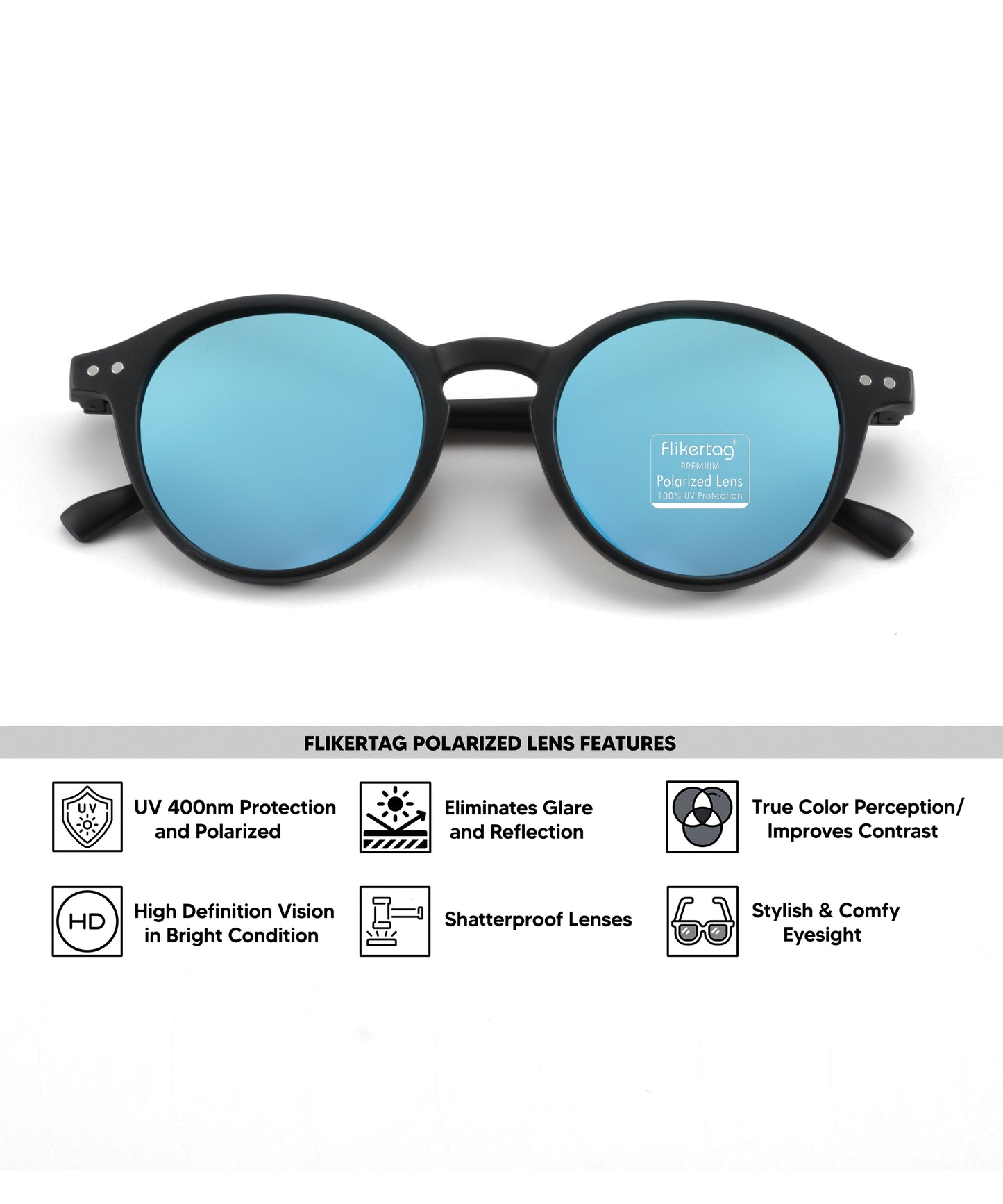 Polarized UV Protection Sunglasses For Men & Women [FTS 565 F2 Round Frame with Mirrored Blue lens, 50mm]