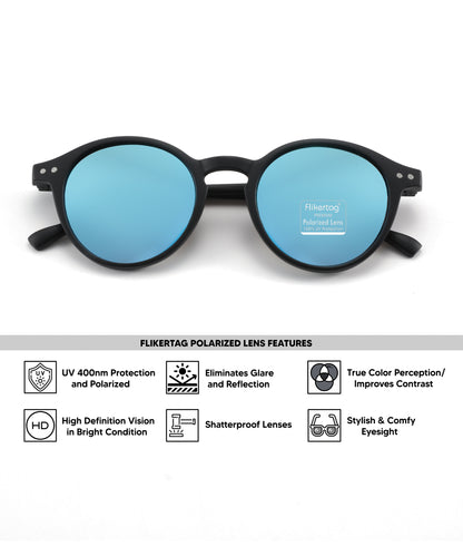 Polarized UV Protection Sunglasses For Men & Women [FTS 565 F2 Round Frame with Mirrored Blue lens, 50mm]