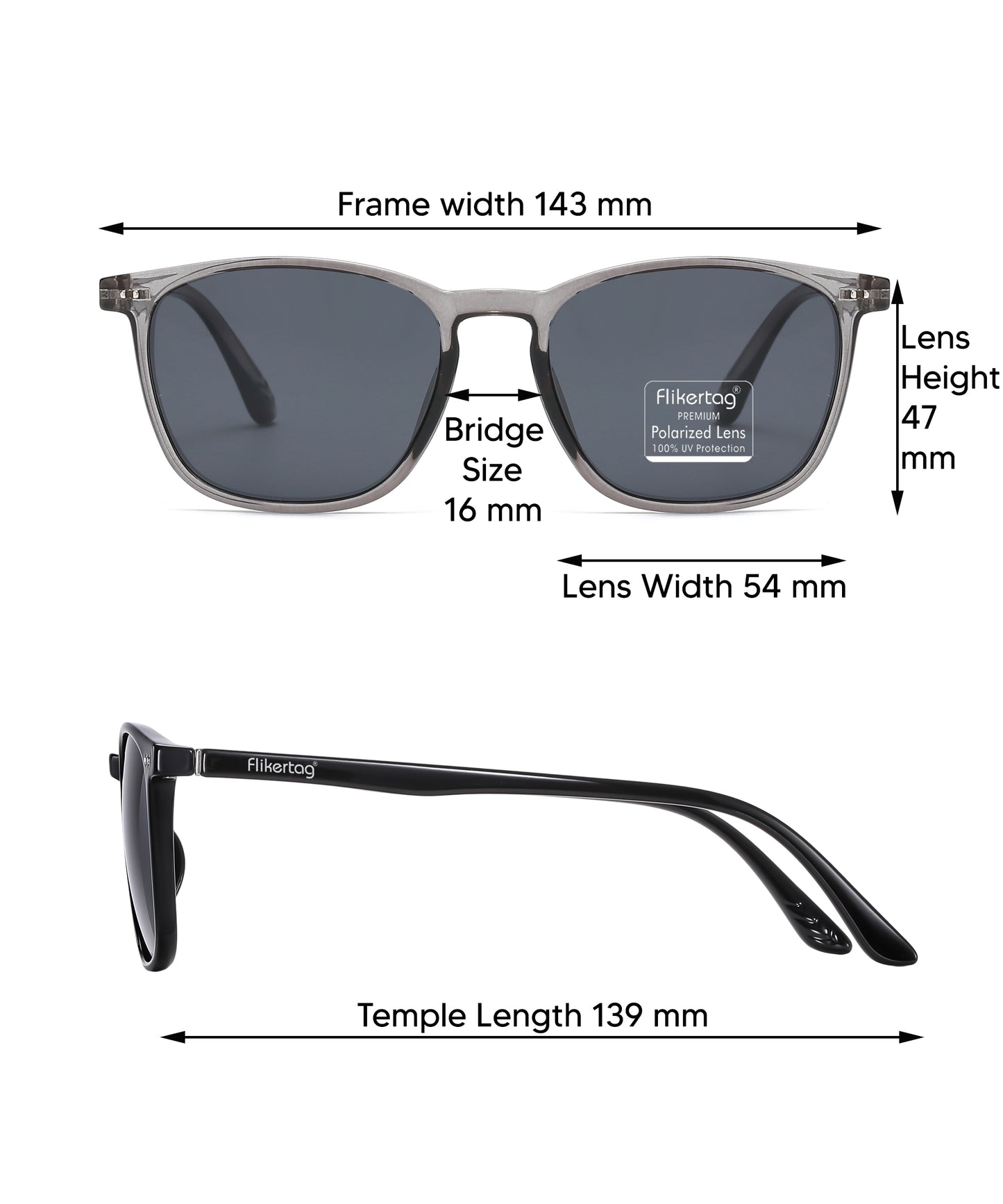 Polarized UV Protection Sunglasses For Men & Women [FTS 561 F3 Square Shiny Grey Frame with Grey Lens, 54mm]