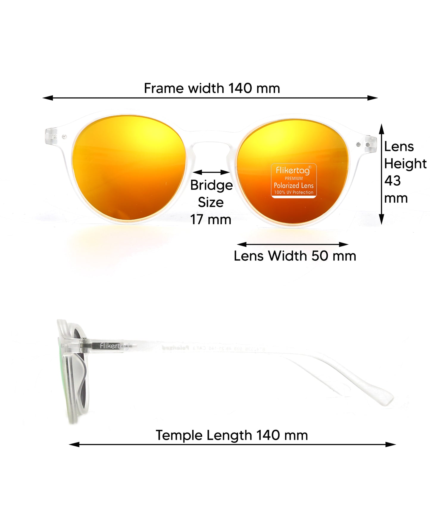 Polarized UV Protection Sunglasses For Men & Women [FTS 565 F3 Round Matte Transparent Frame with Mirrored Yellow lens, 50mm]